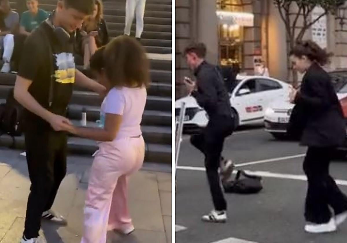 Dos ucranianos sorprenden en el centro de Bilbao y enseñan a bailar a una niña