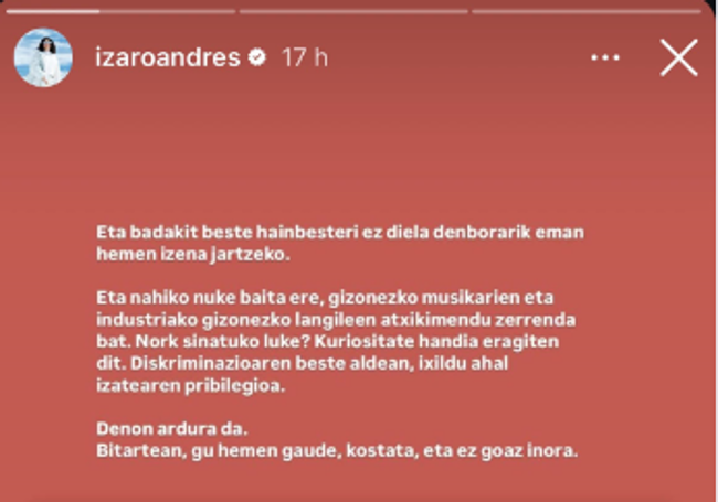 El mensaje que Izaro colgó en sus stories de Instagram junto al listado de las 150 artistas vascas que emitieron el comunicado.