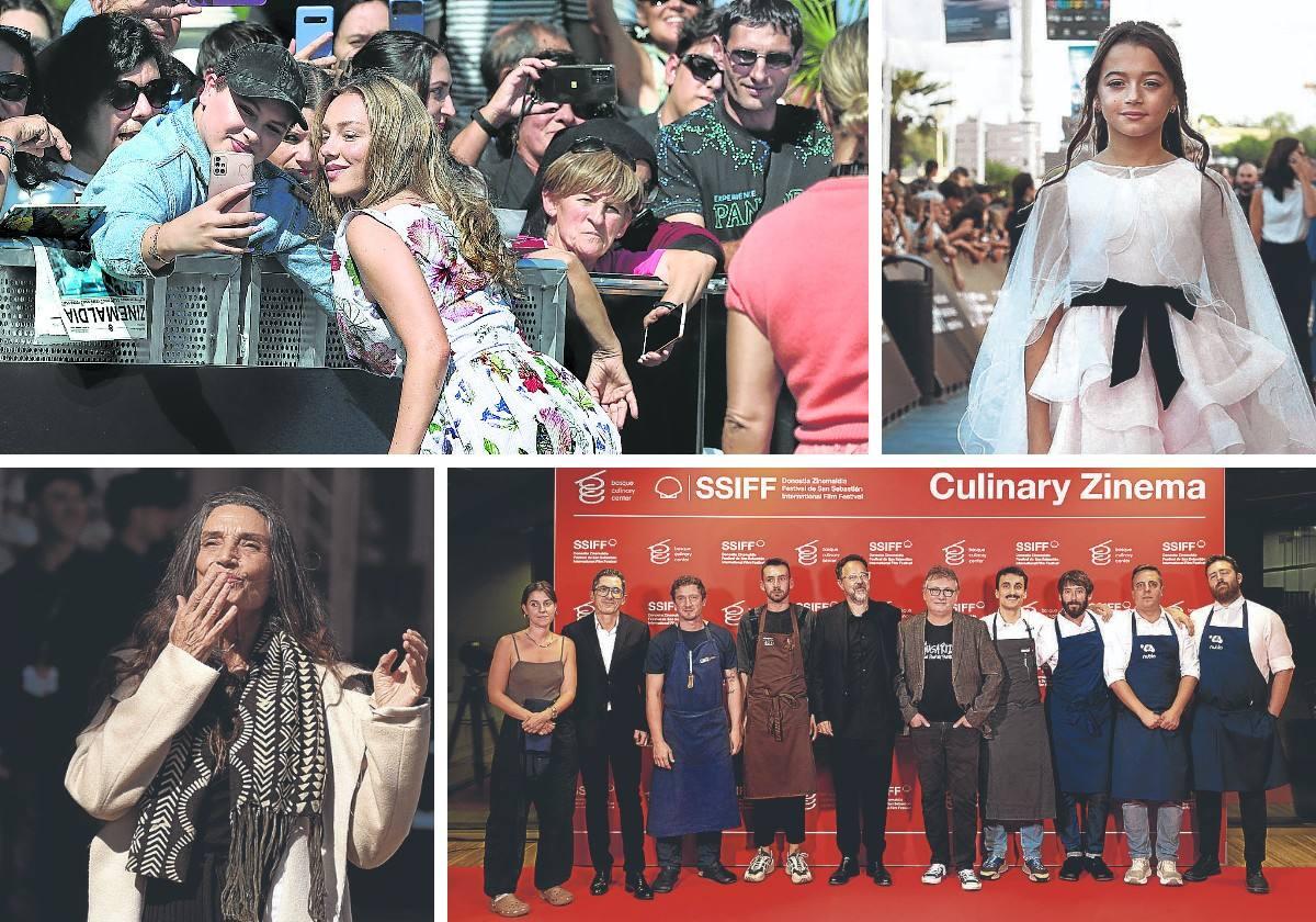 Arriba, Ester Expósito, en pleno selfi con una admiradora, presenta hoy 'El llanto', ópera prima de Pedro Martín-Calero que entra a concurso en la sección oficial. Y Sofía Otero en la alfombra del cine vasco. Abajo, Ángela Molina, que viene con lo último de Costa-Gavras. Y Plaza, Aduriz, Aizega y el 'dream team' de cocineros que participó en la cena del Mugaritz.