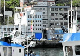 Dos pesqueros atracados en el puerto de Ondarroa con la fábrica de hielo al fondo.