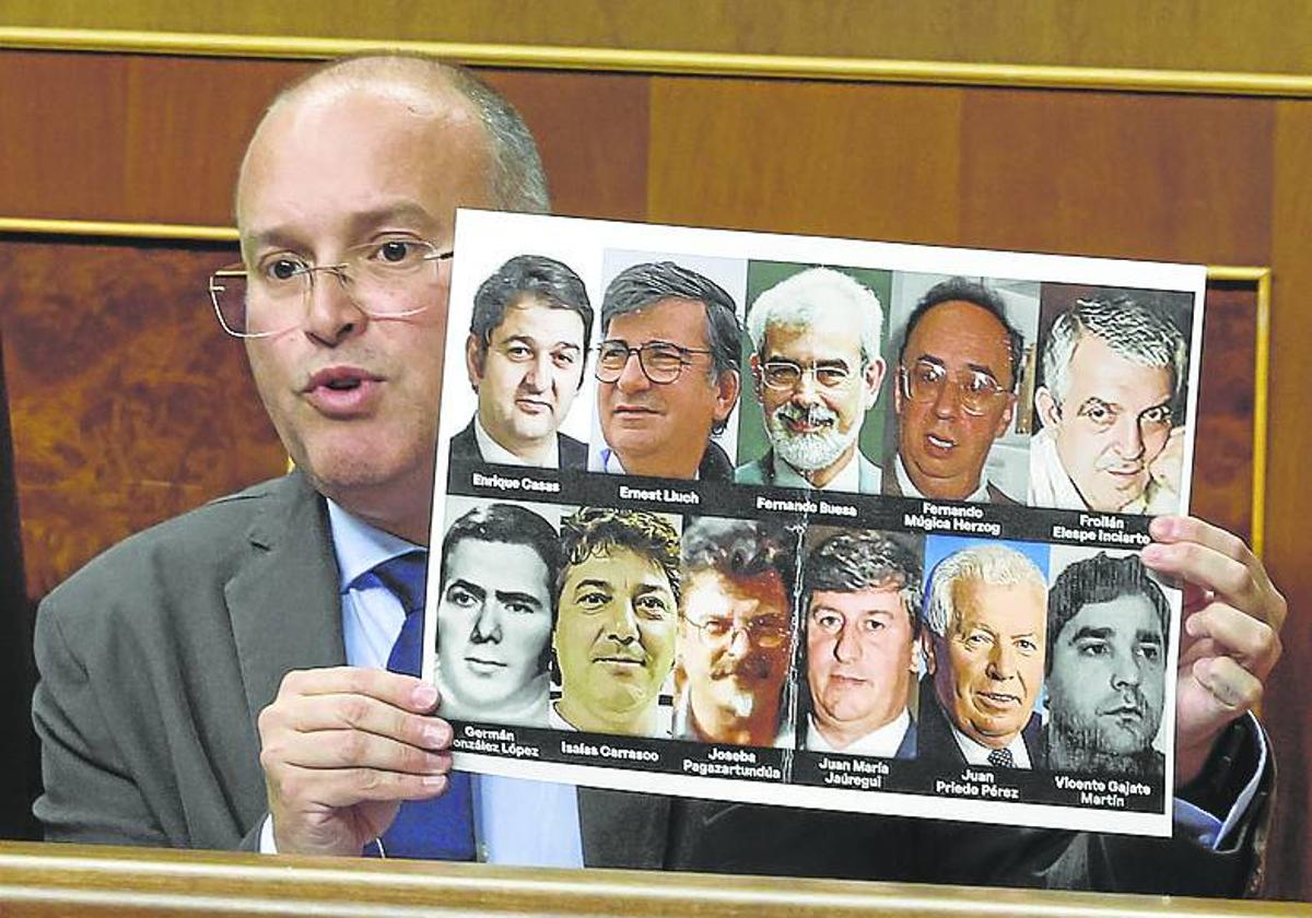 Miguel Tellado exhibe fotos de víctimas socialistas en el Congreso.