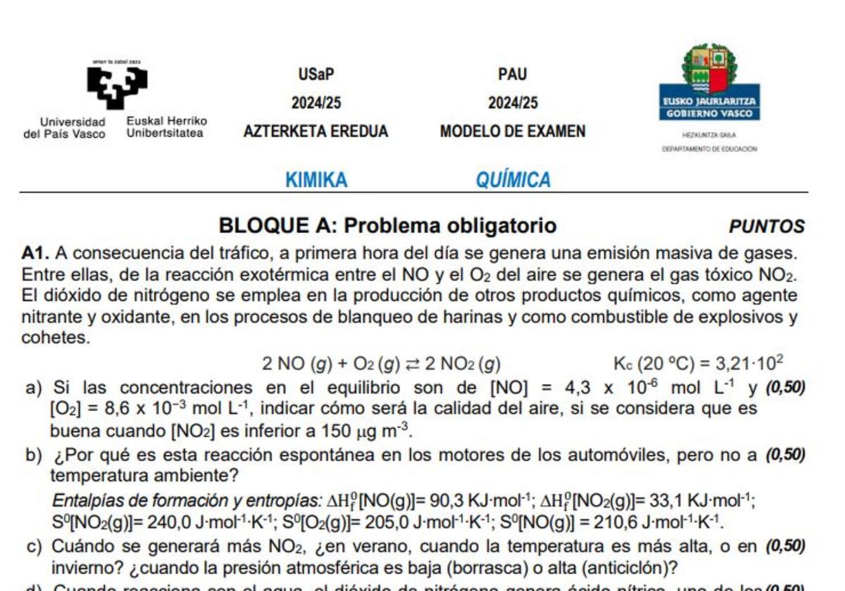 Así es el examen de Química de la nueva Selectividad