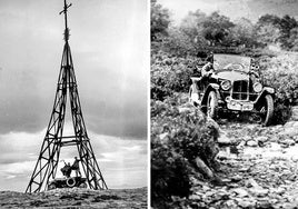 Emilio Álava e Ignacio Lascaray, bajo la cruz del Gorbea subidos al Citroën con el que coronaron el monte hace un siglo.