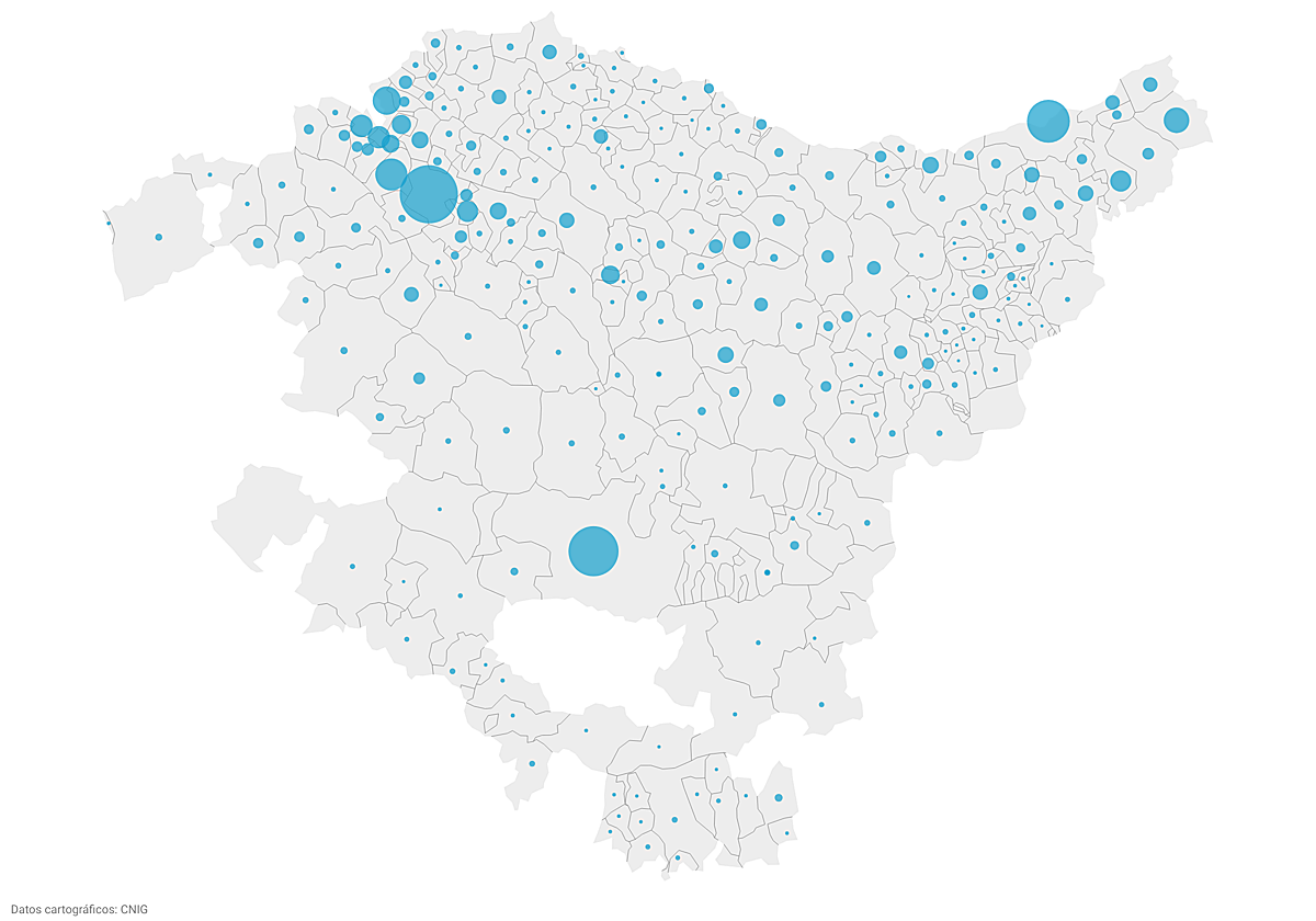 Mapa de distribución de población de Euskadi que más han creicido.