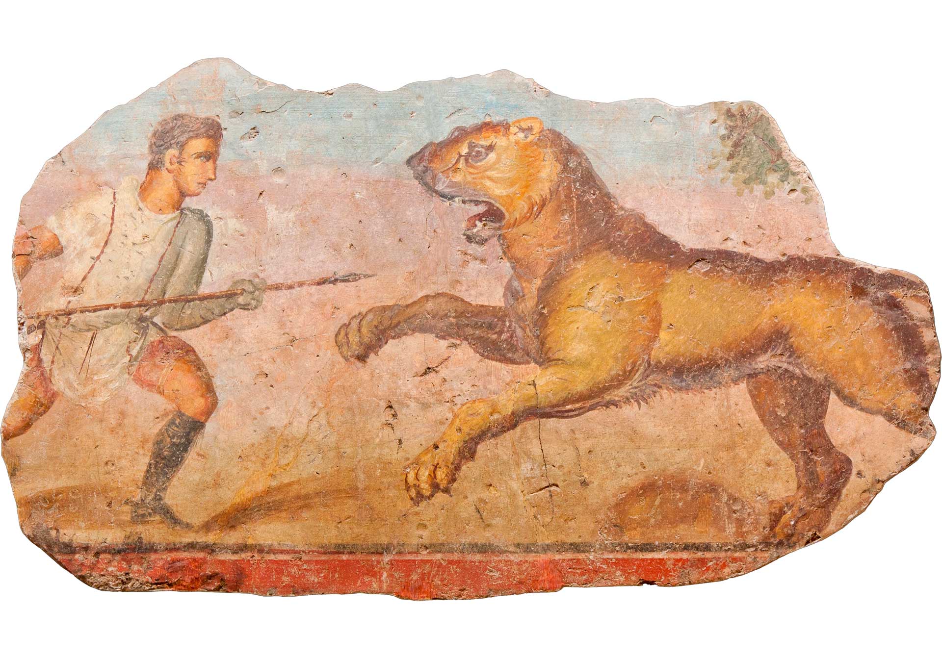 Fresco que describe un venatio, hallado en el anfiteatro de Mérida y expuesto en el Museo Nacional de Arte Romano de la ciudad
