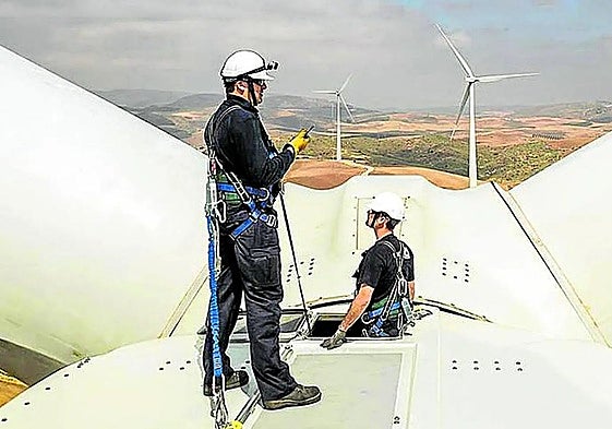 Dos operarios, durante las labores de mantenimiento de un parque eólico.