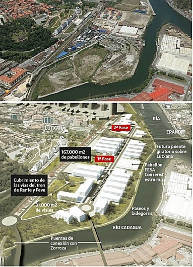 Imagen aérea de los terrenos del parque empresarial que se levantará en el barrio baralcadés de Burceña.