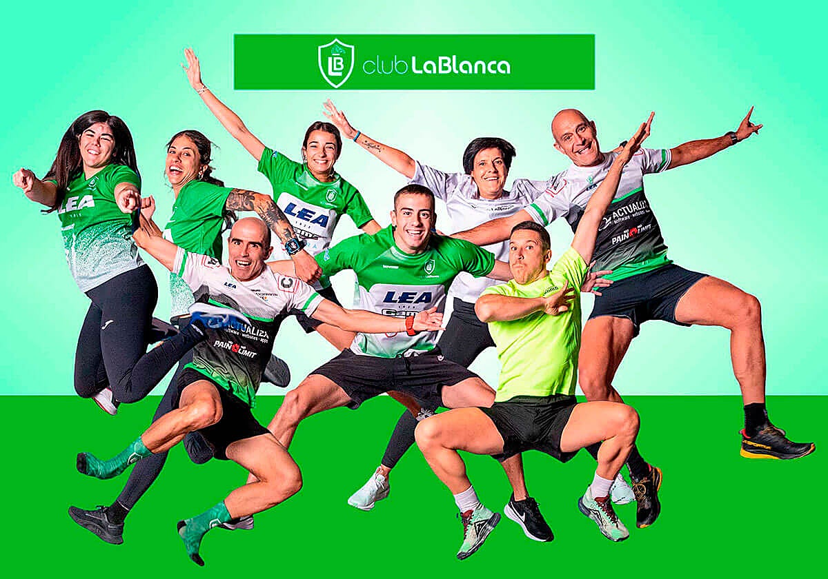 Saray Cristóbal, Diana Vecillas, Miren Galdós, Nieves Zarza y Txema Miguelez. (Abajo) Axier Urresti, Unax Vicente y Ander Pérez.