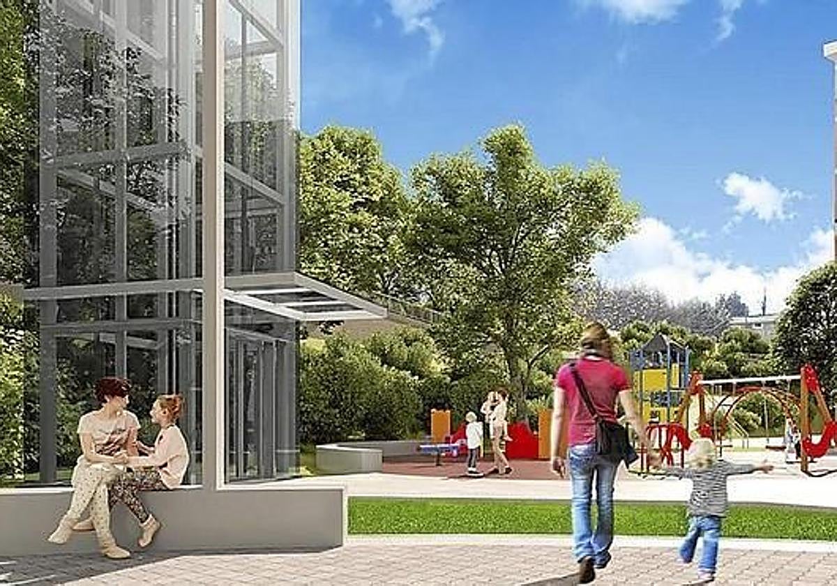 Infografía de la plaza Cervantes en el barrio leioatarra de Pinueta, donde se prevé su remodelación y mejora de la accesibilidad