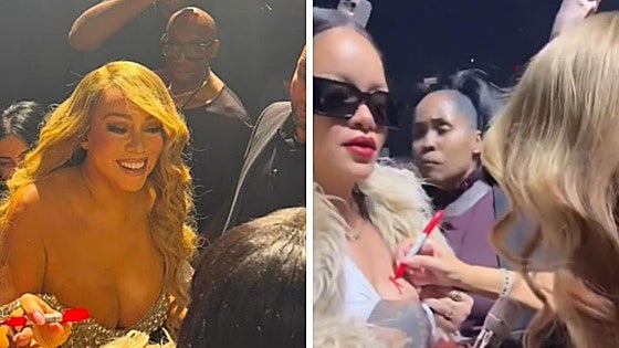 El curioso momento entre dos divas del pop: Mariah Carey firma un autógrafo en un pecho de Rihanna