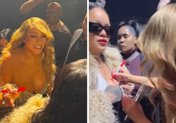 El curioso momento entre dos divas del pop: Mariah Carey firma un autógrafo en un pecho de Rihanna