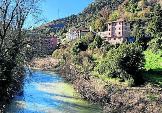 El Cadagua a su paso por el barrio baracaldés de Las Delicias y el histórico Puente del Diablo.