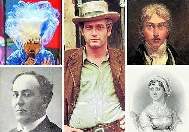 Arriba a la izquierda, Celia Cruz. Debajo, Antonio Machado. En el centroPaul Newman. Arriba a la derecha, autorretrato de Turner. Y debajo, Jane Austen.