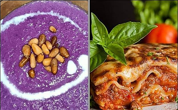 Crema de lombarda y pera y Lasaña con boloñesa de seitán.