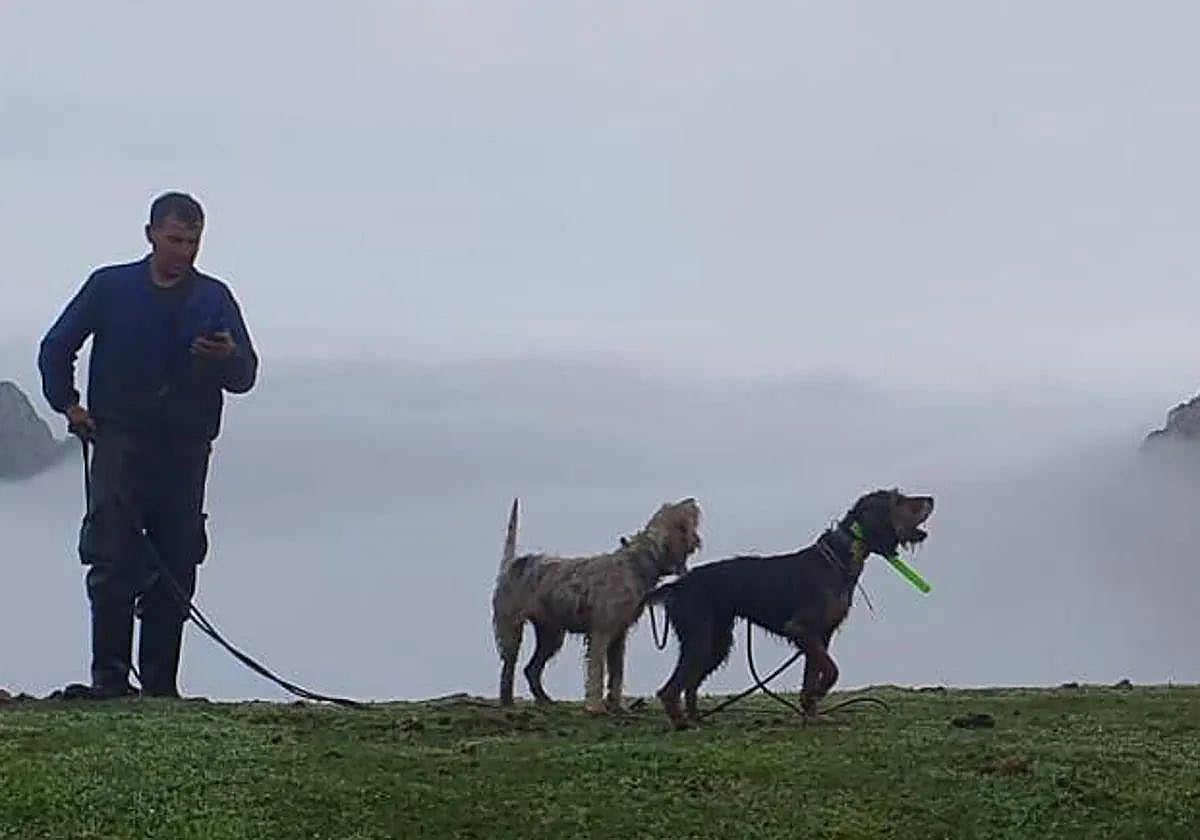 Carlos Vega, con 'Casina' (la perra de la derecha' y otro de sus perros de caza, durante una montería