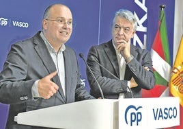 Javier de Andrés escucha al portavoz del PP en el Congreso, Miguel Tellado, durante una visita de éste a Bilbao.