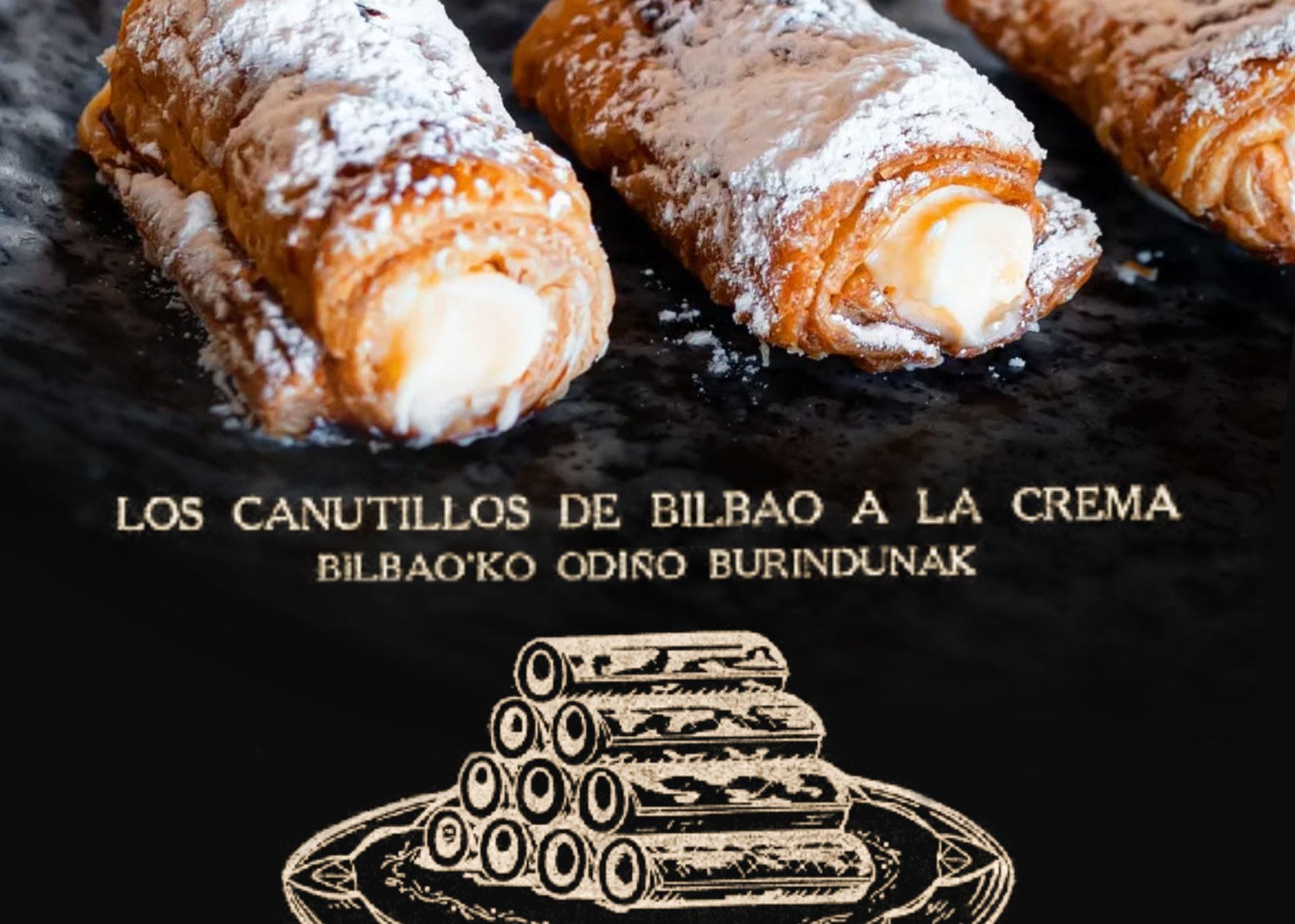 Título e ilustración de la receta para los bilbaínos canutillos de crema incluida en 'La cocina vasca-Laurak Bat' (Ignacio Domènech, 1935).