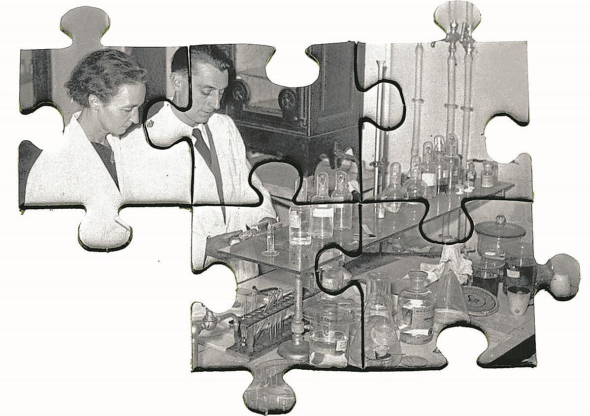 Irène y Frédéric, en su laboratorio en 1935.