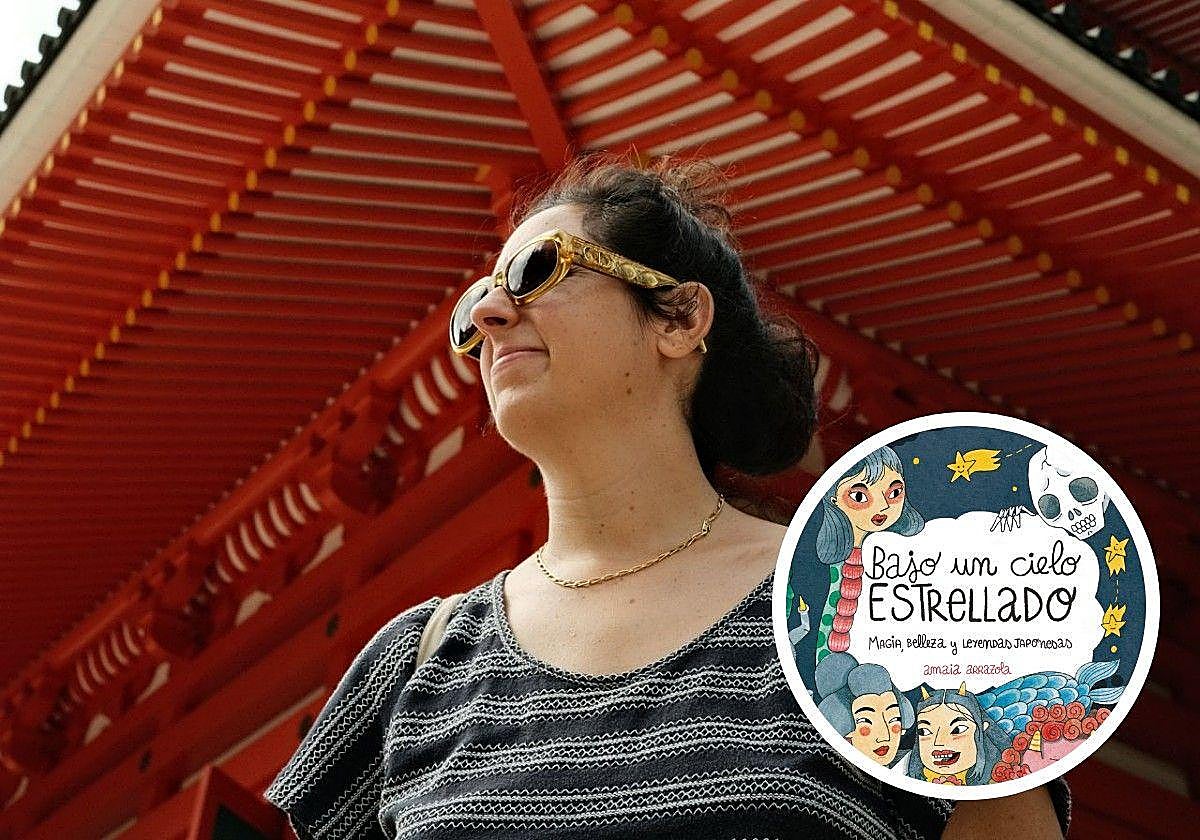 Amaia Arrazola y un detalle de la portada del libro ilustrado 'Bajo un cielo estrellado', ya a la venta.