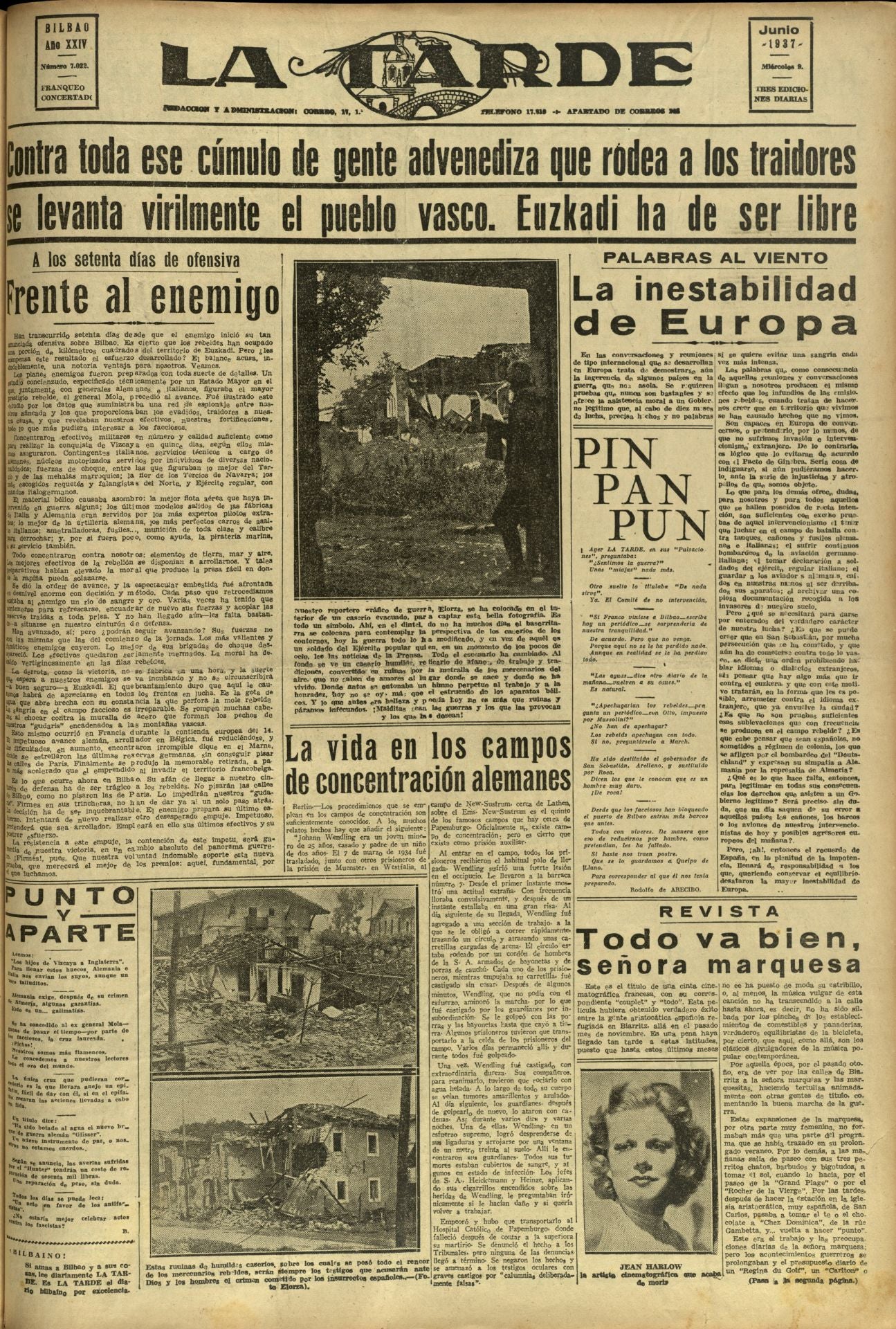 Portada de 'La Tarde' de Bilbao, de junio de 1937.