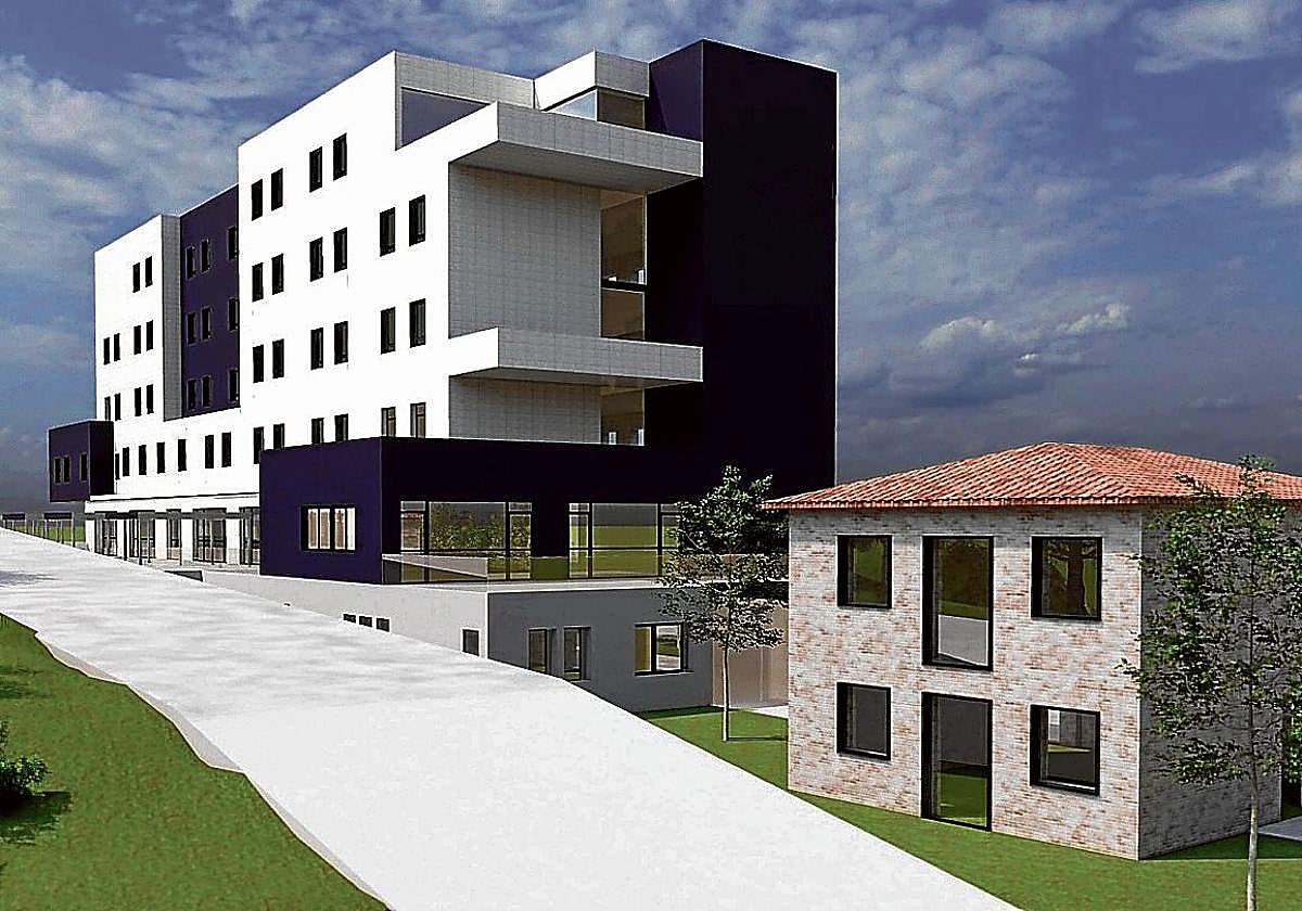 Infografía de la futura residencia de mayores de Beurko, junto a una rehabilitada casa torre.