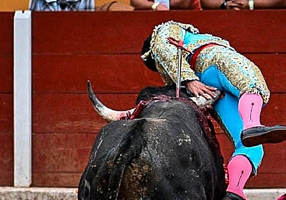 Momento en el Emilio Macías queda suspendido en el aire tras la cogida.