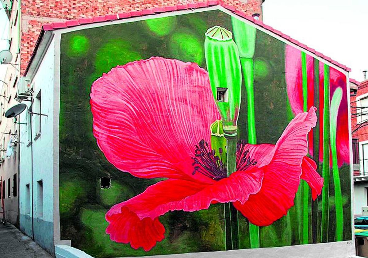 Imagen principal - 1. 'Papaver dubium' espera en Azagra. 2. 'El sireno', ganador del concurso Street Art Cities. 3. 'Atravesar el centro', Burgos.