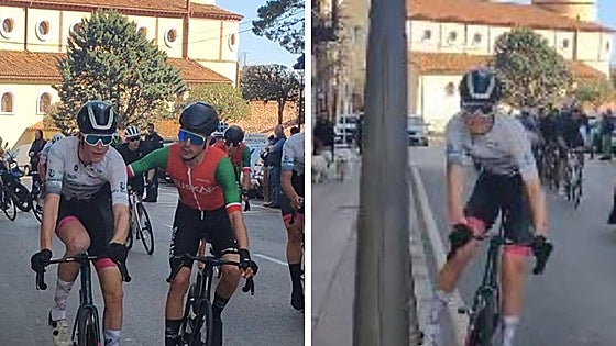 Un ciclista de la Fundación Euskadi empuja a un rival que casi choca contra una farola