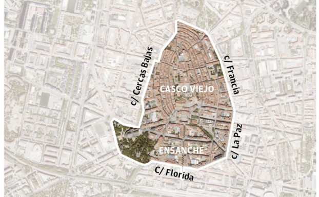Vitoria. Entrada en vigor: el próximo septiembre, con tres meses sin multas. Zona afectada: Casco Medieval y parte del Ensanche (0,64 km2); en 2027 se ampliará. Vehículos vetados: sin etiqueta. En 2030, también los B.