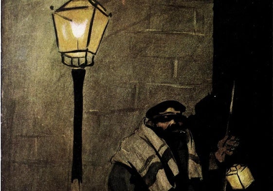 Detalle de 'La soledad del sereno', una ilustración de Francisco Sancha para 'Blanco y Negro' (1904).