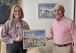 La alcaldesa, Amaia del Campo, recibe el cuadro del pintor Mario Domínguez Mañarikua.