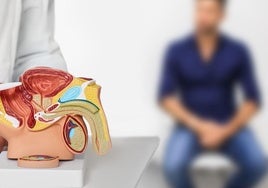 Un médico explica a su paciente cuestiones relacionadas con el cáncer de próstata.