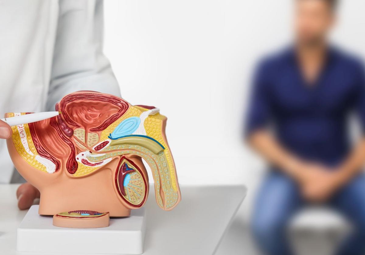 Un médico explica a su paciente cuestiones relacionadas con el cáncer de próstata.