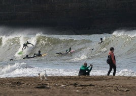 Varios surfistas cogen olas en la playa de Ereaga, uno de los arenales con más afluencia de bañistas de Bizkaia.