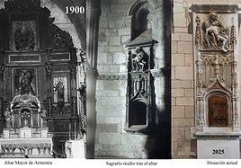 El altar mayor en 1900, el sagrario que estuvo oculto tras él durante cuatro siglos y en su actual ubicación.
