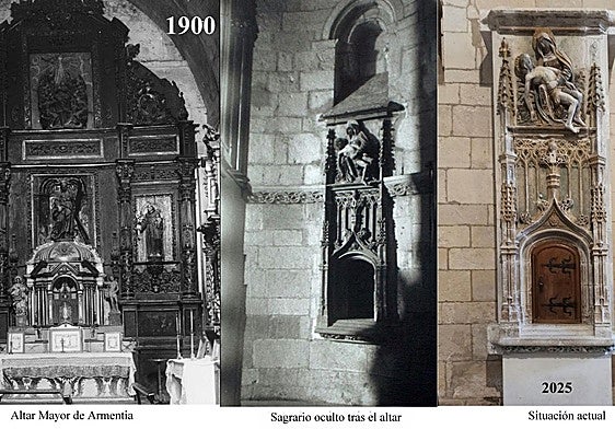 El altar mayor en 1900, el sagrario que estuvo oculto tras él durante cuatro siglos y en su actual ubicación.
