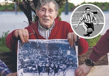 Manuel Etura, con una mítica imagen del partido de la nieve. A la derecha, entrenando en San Mamés.
