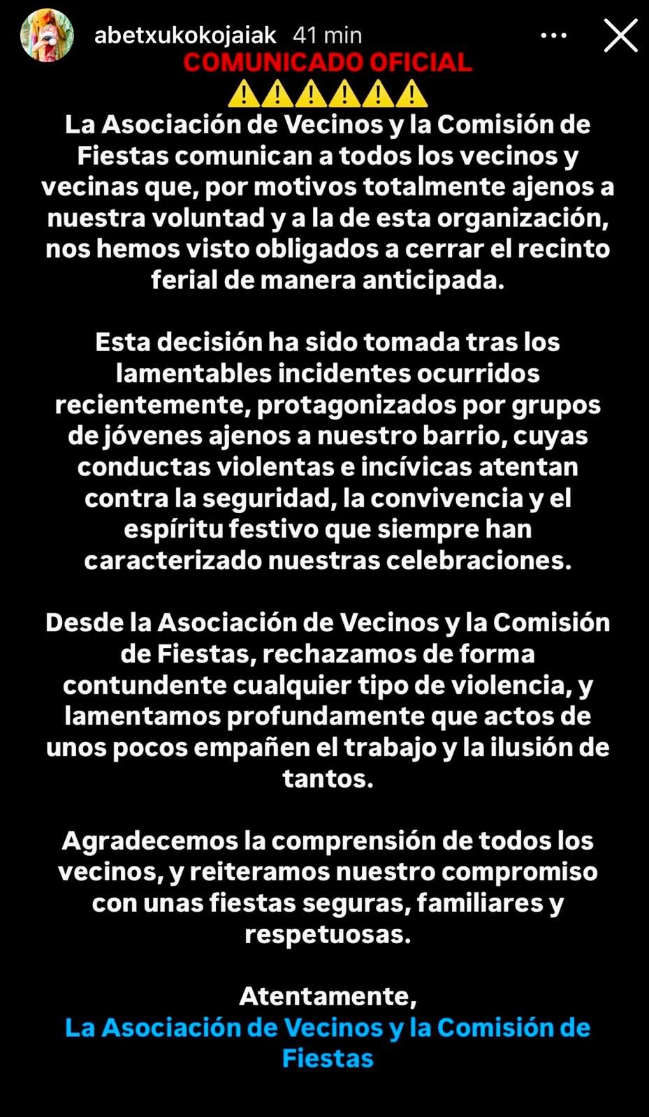 Comunicado de la Comisión de Fiestas de Abetxuko.