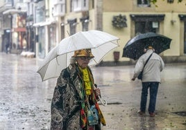 Una mujer se protege de la lluvia en el centro de Vitoria.