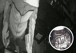 Imagen del robo en el bar. En pequeño, tatuaje de un ladrón.