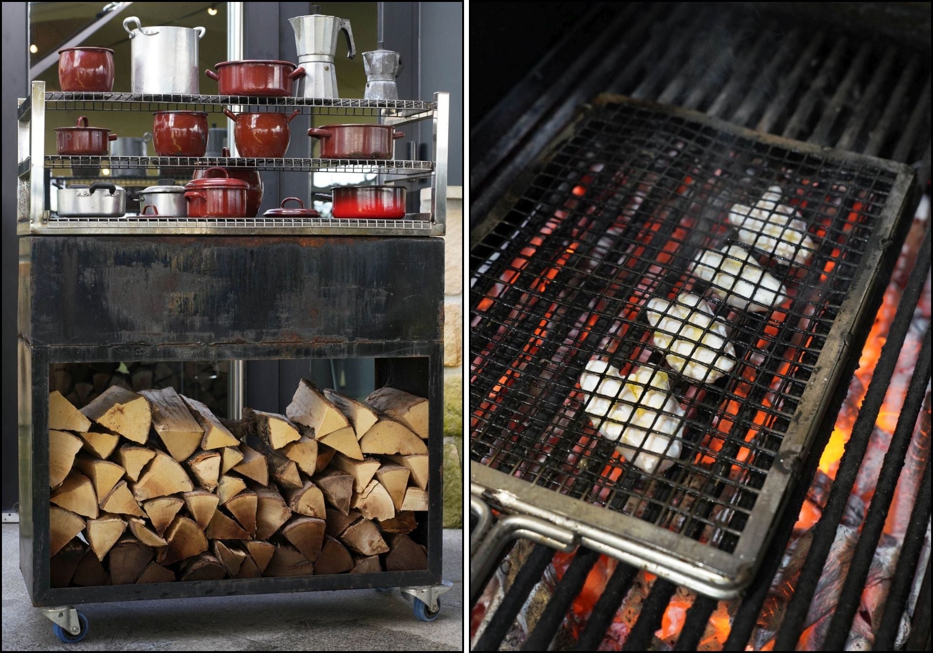 Colección de pucheros de porcelana y kokotxas de bacalao a la parrilla.