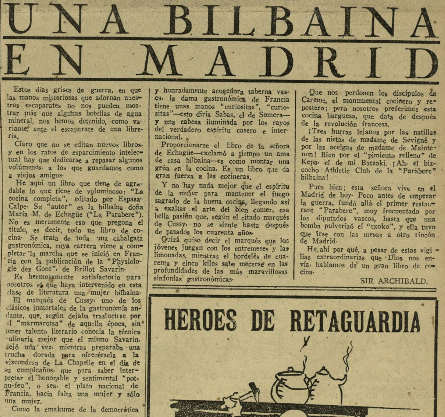 Artículo escrito sobre Parabere por Alejandro de la Sota - La Tarde (Bilbao) 5 de marzo de 1937.