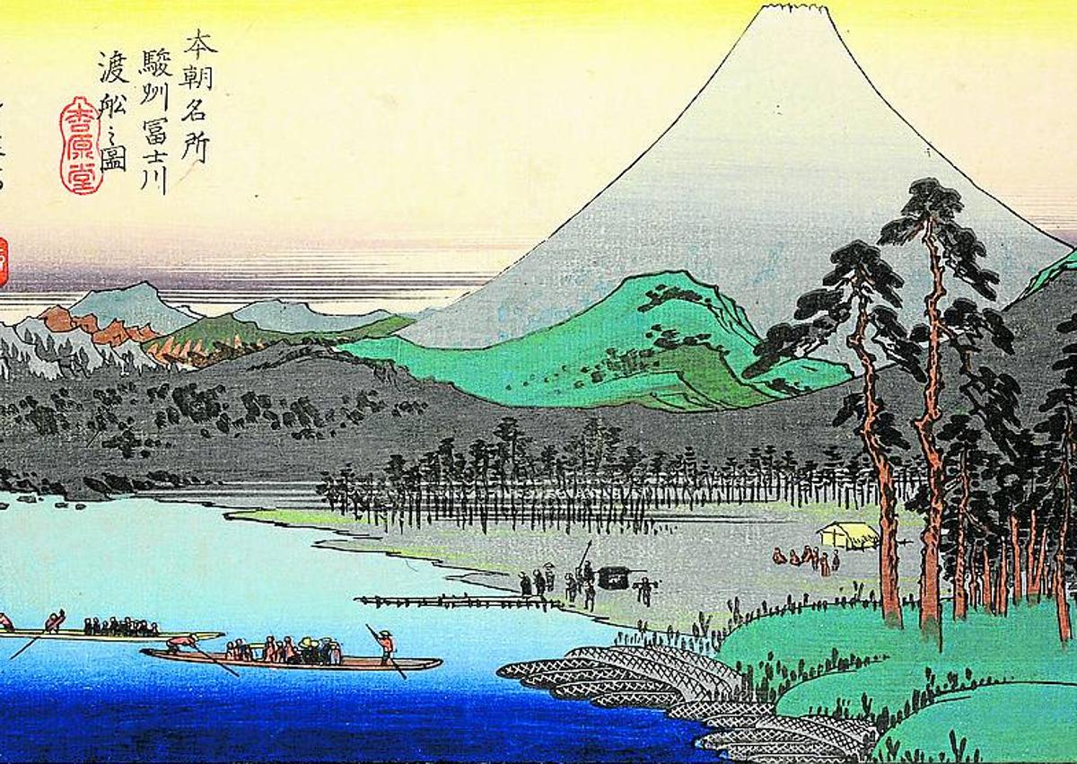 Imagen secundaria 1 - 1. 'Seba desde las 69 estaciones de la autopista Kiso' (finales década 1830). 2. 'Ferry por el río Fuji, provincia de Suruga' (1832). 3. 'Retrato póstumo a la memoria de Hiroshige' de Utagawa Kunisada (1858)