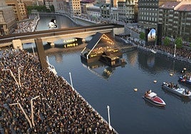 Simulación de cómo quedará dispuesta la plataforma, las pantallas y el público.