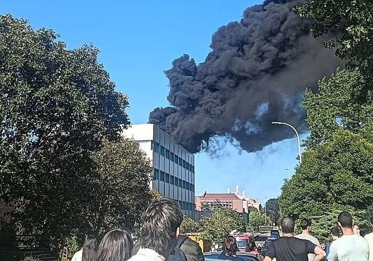 Varias personas observan la gran columna de humo negro en la calle.