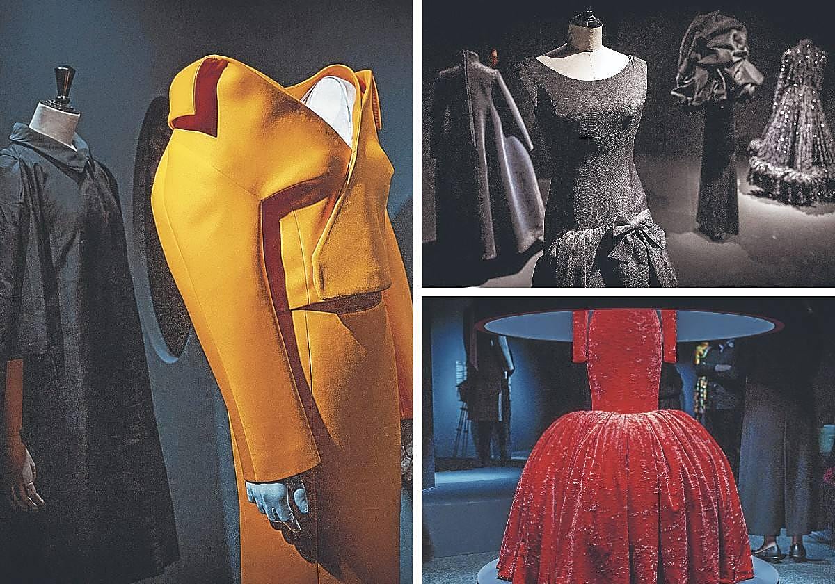 A la izquierda, abrigo en faya dupión negro de Balenciaga junto a un traje de Demna en gabardina de lana naranja de 2021. Arriba, vestidos en negro, entre ellos la capa de noche 'Chou' de Balenciaga, A su lado, a la derecha, modelo de Demna de encaje negro bordado con cuentas de cristal, azabache y chenilla. A la derecha, vestido de terciopelo de Demna inspirado en Divine y que lució Isabelle Huppert en la gala del Met de 2021.