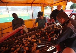 Un grupo de trabajadores selecciona patata en la máquina.
