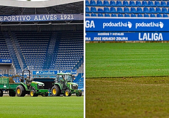 Trabajos de regeneración del césped de Mendizorroza.
