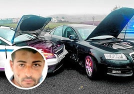 Estado en el que quedó un coche patrulla de la Ertzaintza y uno de los vehículos empleados en la huida por miembros de la banda del 'Niño Juan'.