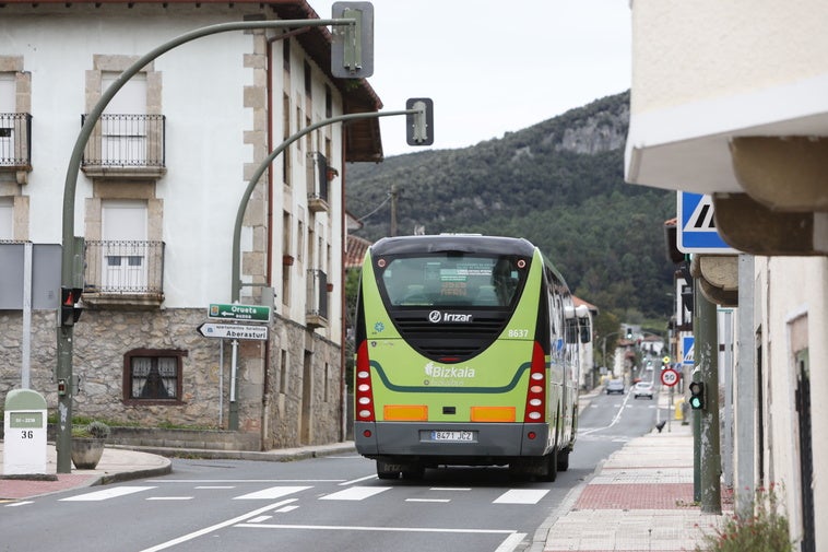 Una unidad de Bizkaibus transita por una carretera de Busturialdea.
